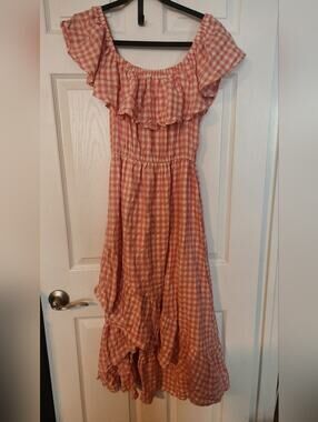 Pink Gingham Off-Shoulder Ruffle Midi Dress